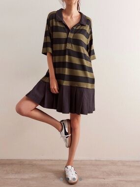 Free People Olive and Black Striped Polo Mini Dress